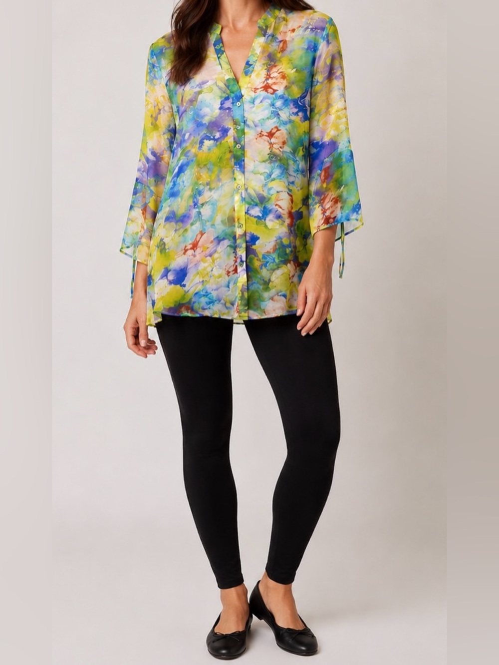 Michael Tyler Watercolor Abstract Impressionist Semi-Sheer Blouse Size Medium